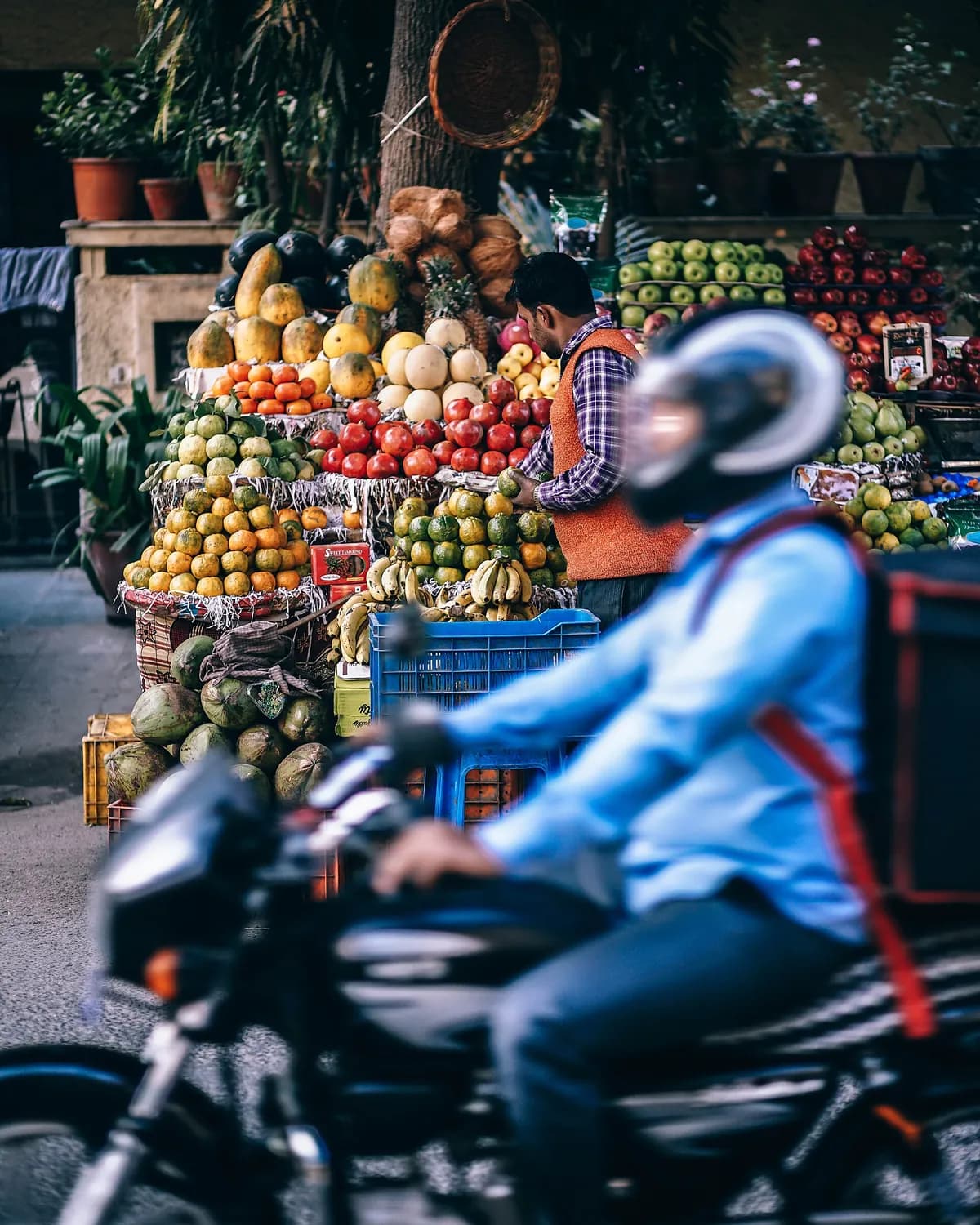 A fruit stall stacked high with the day's produce
