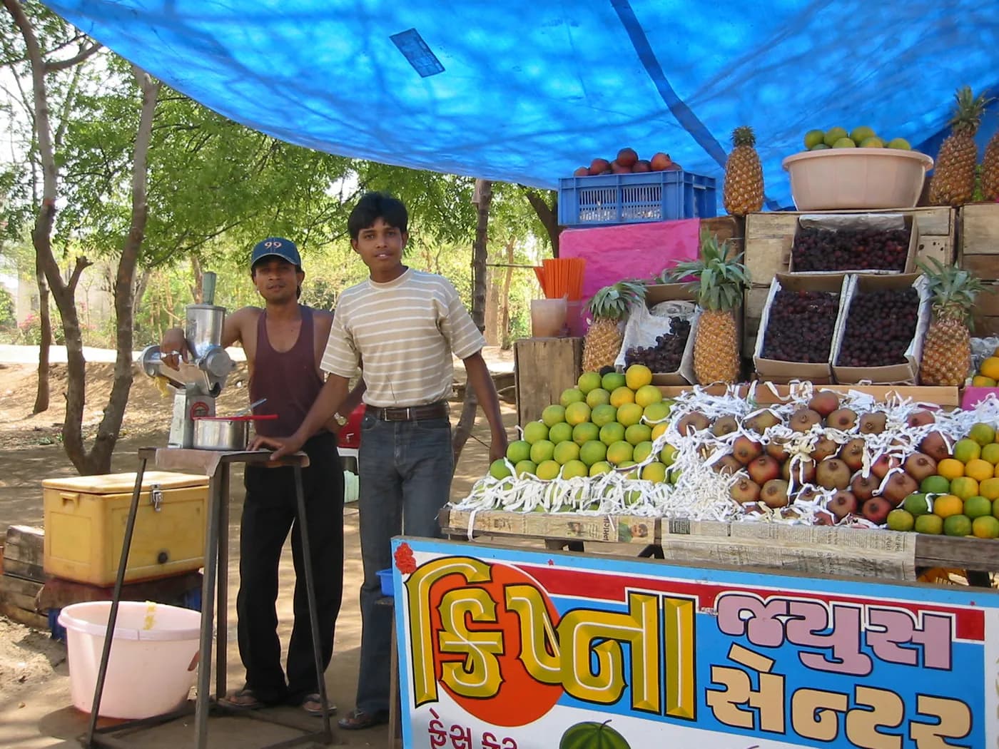 A Gujarati fruit stall under a bright tarpaulin